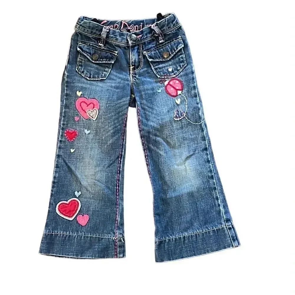 Adorable gap denim toddler, four year old jeans, bellbottoms with patches